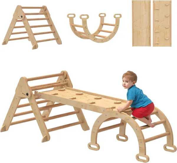 7-in-1 Montessori Klettergerüst Indoor, Faltbar, Naturholz