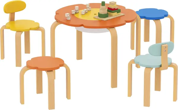 Kindersitzgruppe Kindertisch mit Stauraum 5-Teilig Holz…