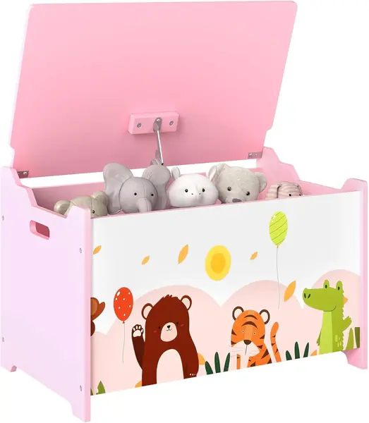 Kinderspielzeugtruhe aus Holz mit Klappdeckel, Tiermotiv…